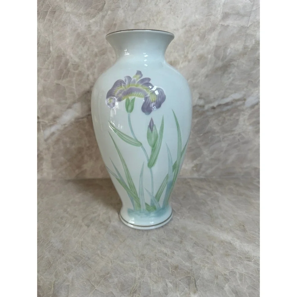 Vintage Japanese Porcelain Iris Vase White Purple Floral Silver Rimmed 8 Inch